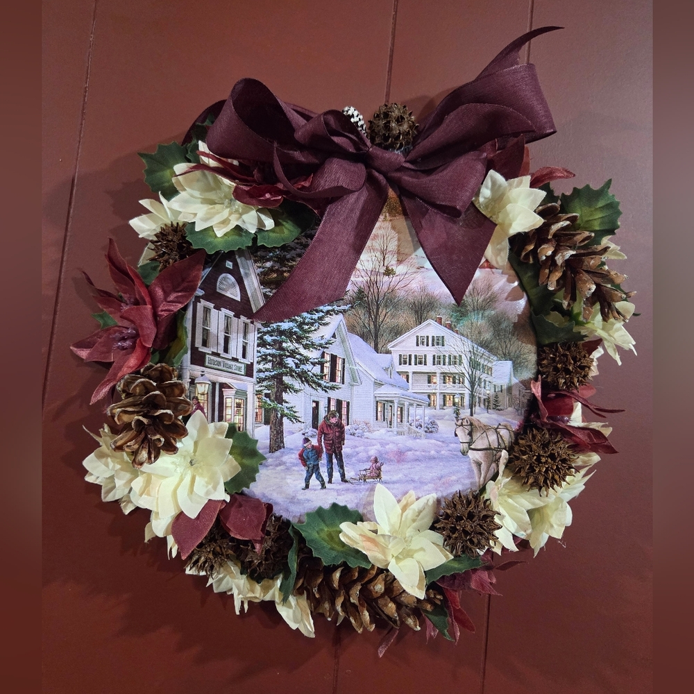 Festive Winter Wreath w/ Tin Lid Snow Scene, Faux Flowers & Natural Pinecones